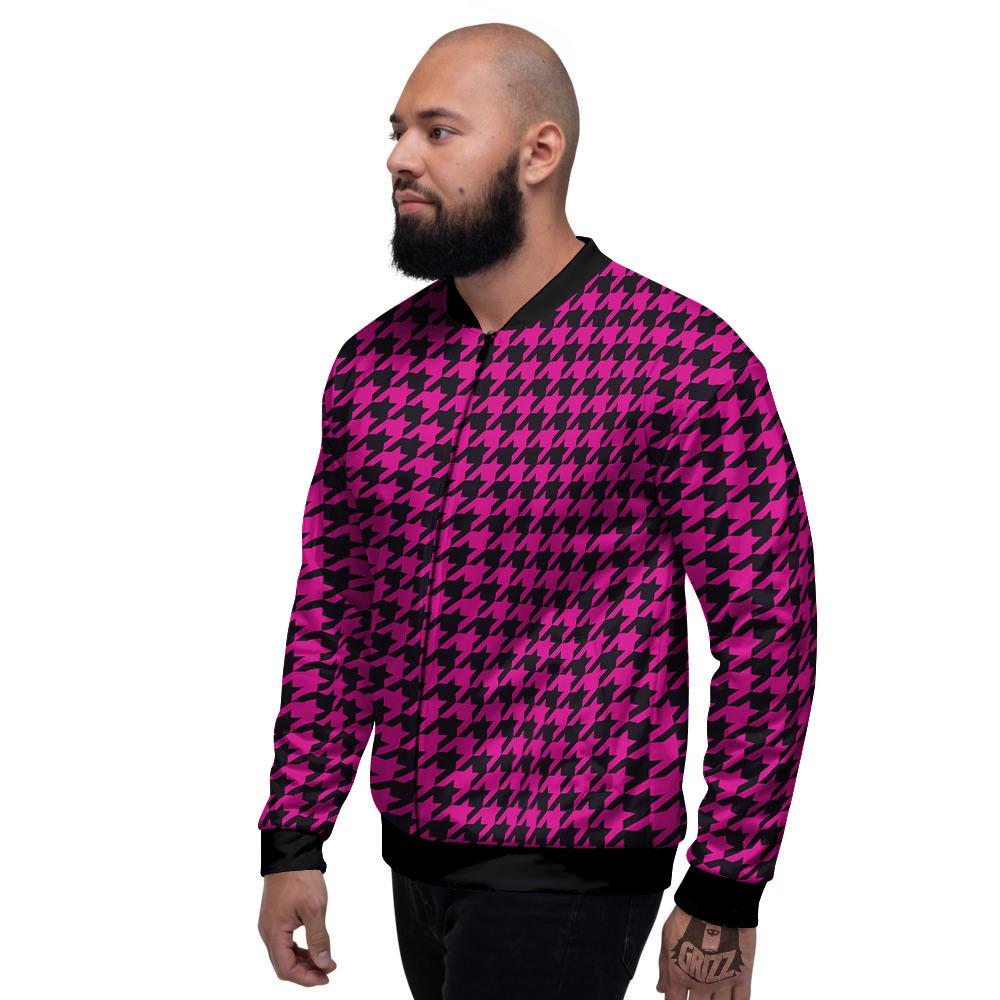 Houndstooth Black And Pink Magenta Print Men's Bomber Jacket-grizzshop