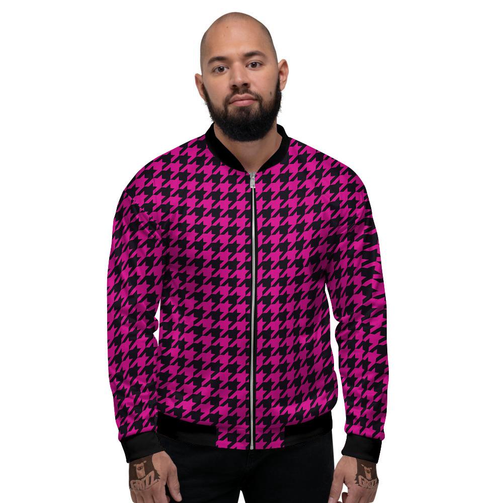 Houndstooth Black And Pink Magenta Print Men's Bomber Jacket-grizzshop