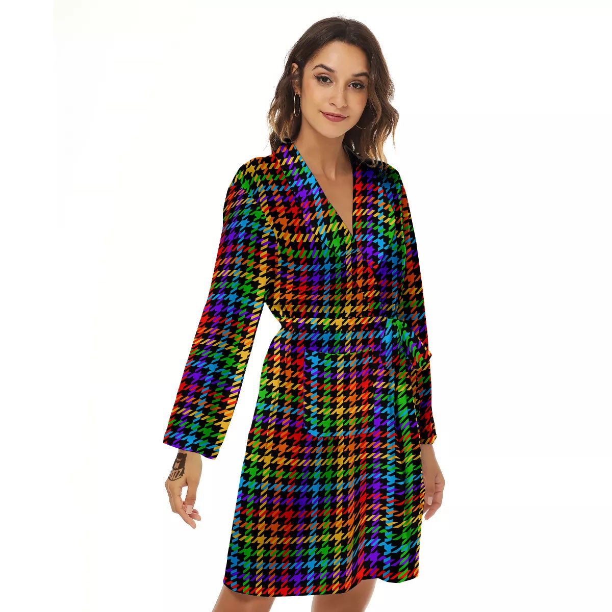 Houndstooth Rainbow Print Pattern Women's Robe-grizzshop