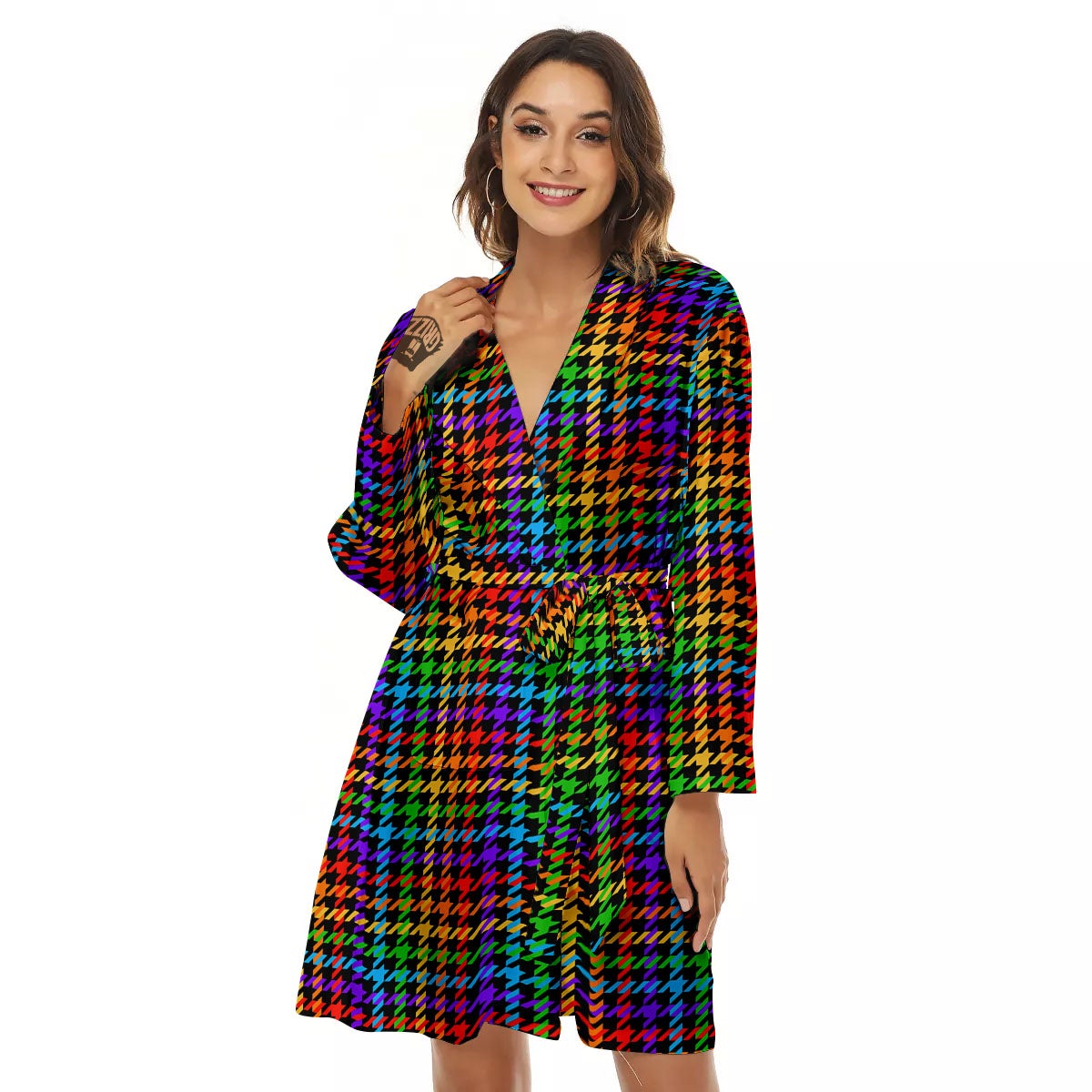 Houndstooth Rainbow Print Pattern Women's Robe-grizzshop