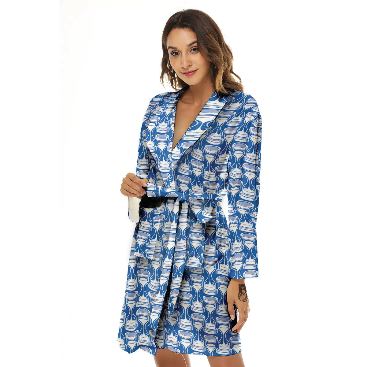 Hourglasses White And Blue Print Pattern Women's Robe-grizzshop