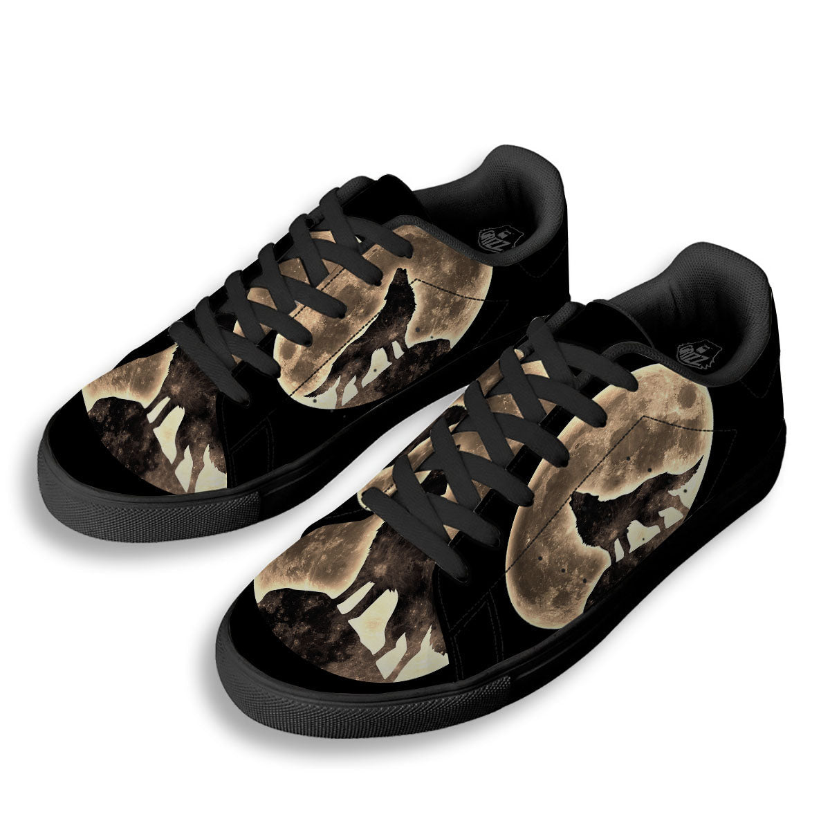 Howling Wolf Full Moon Print Black Low Top Sneakers-grizzshop