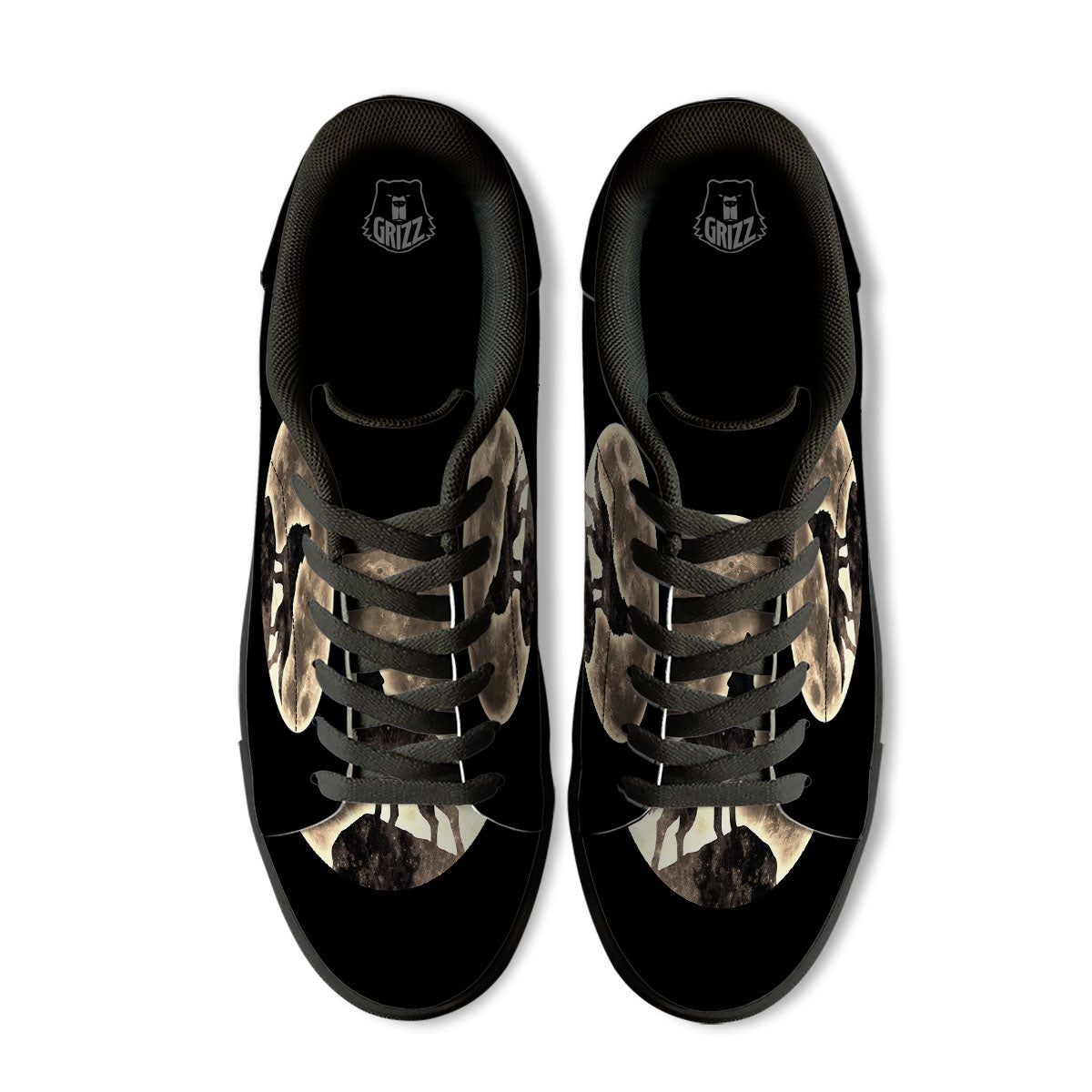Howling Wolf Full Moon Print Black Low Top Sneakers-grizzshop