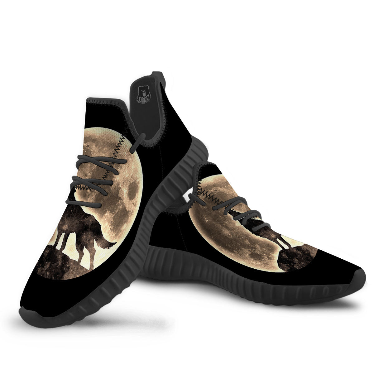 Howling Wolf Full Moon Print Black Walking Shoes-grizzshop