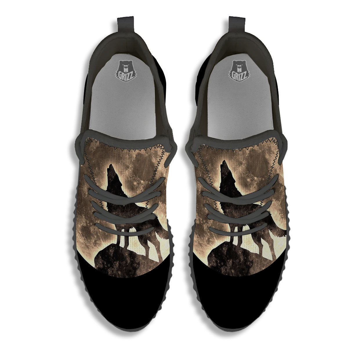 Howling Wolf Full Moon Print Black Walking Shoes-grizzshop