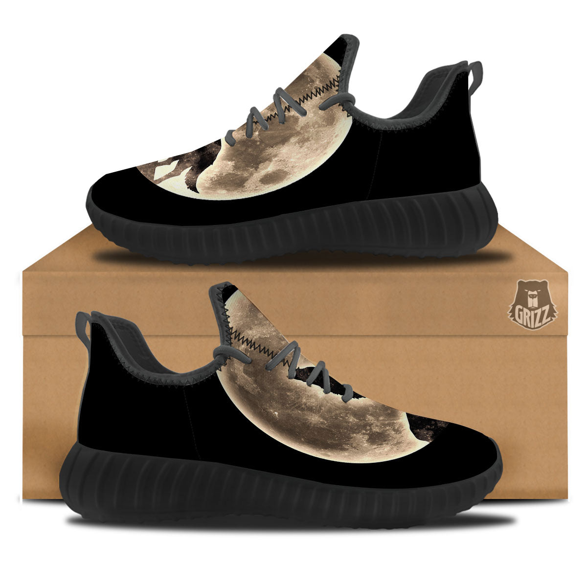 Howling Wolf Full Moon Print Black Walking Shoes-grizzshop