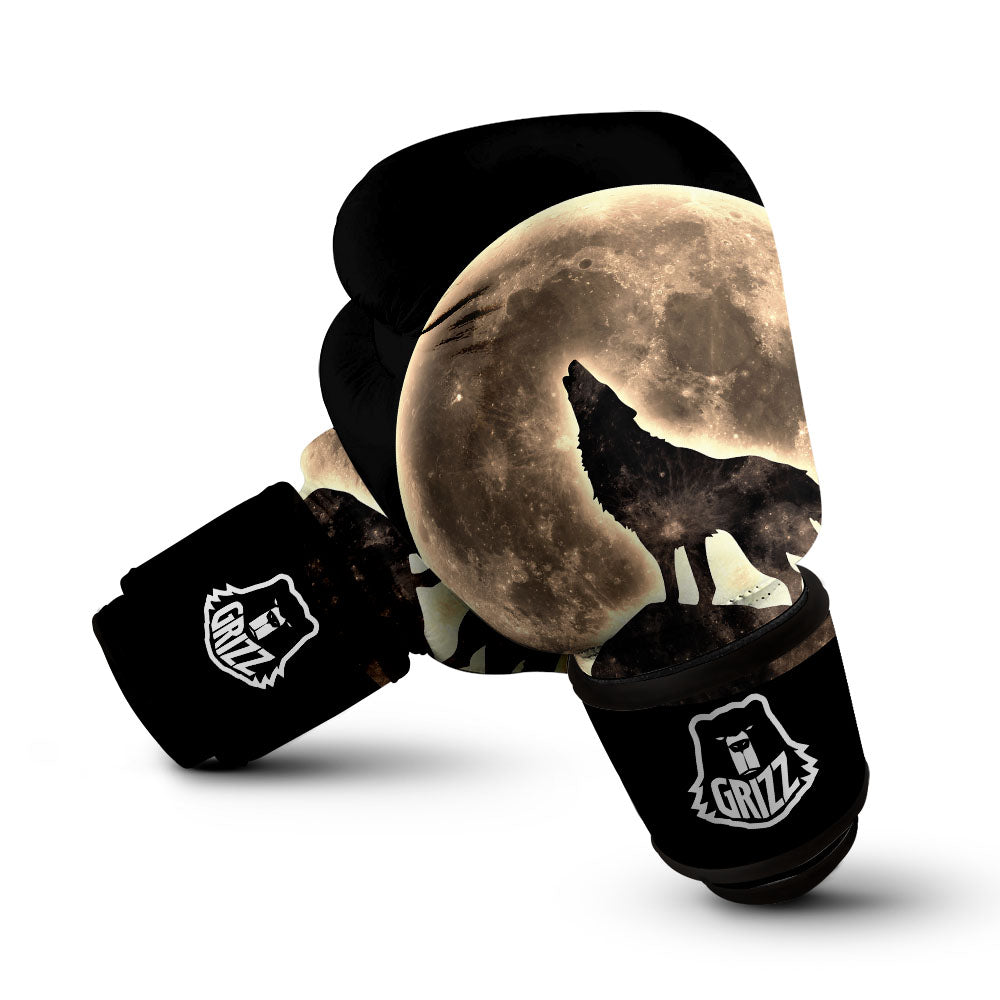 Howling Wolf Full Moon Print Boxing Gloves-grizzshop
