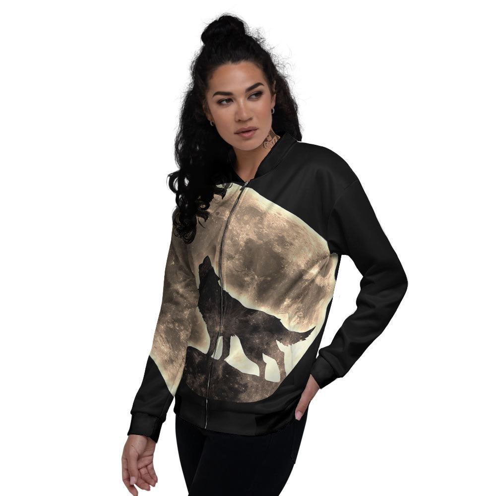 Howling Wolf Full Moon Print Women's Bomber Jacket-grizzshop