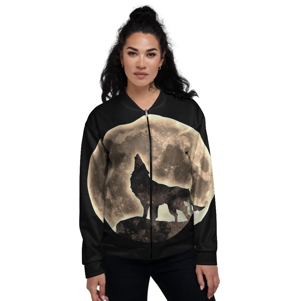 Howling Wolf Full Moon Print Women's Bomber Jacket-grizzshop