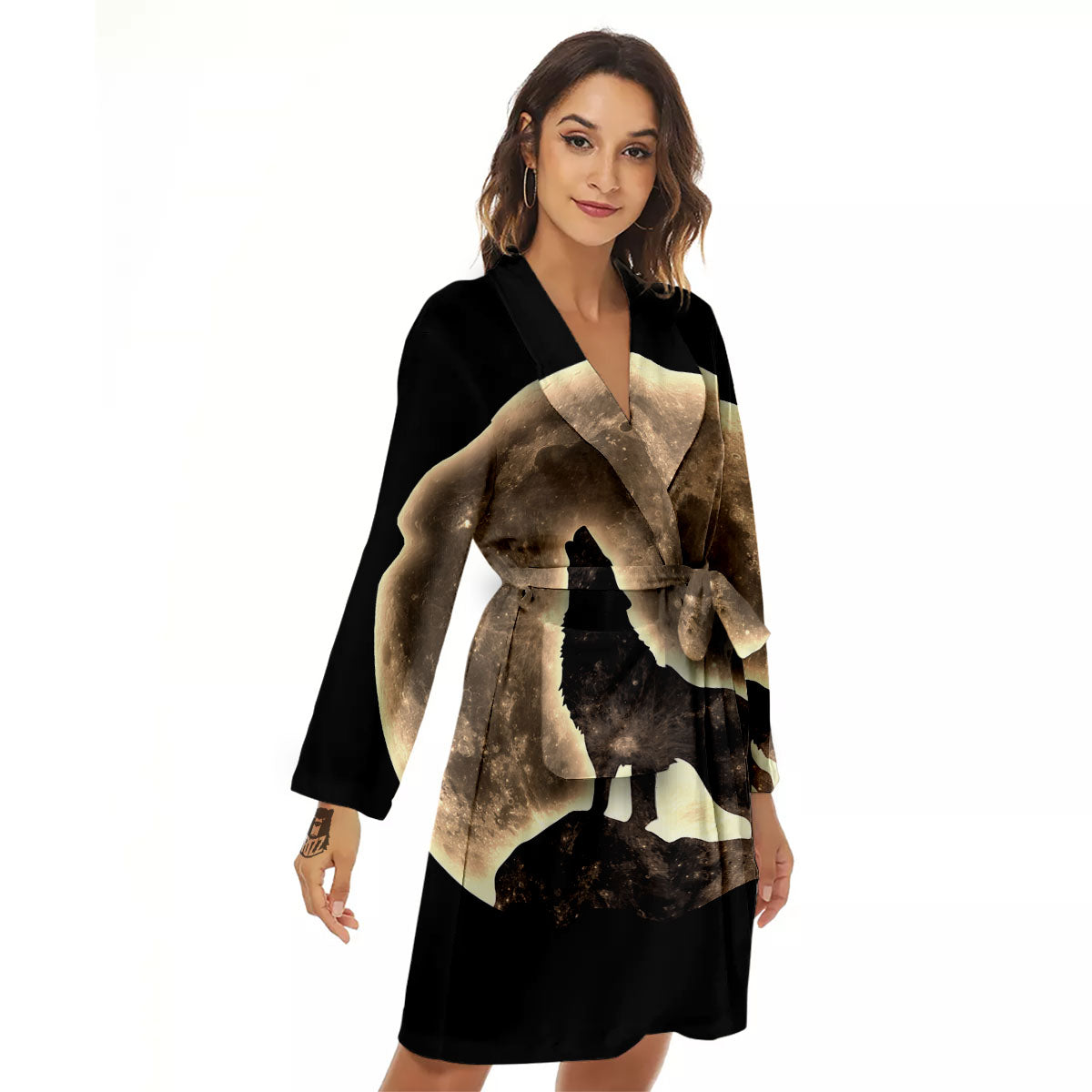 Howling Wolf Full Moon Print Women's Robe-grizzshop