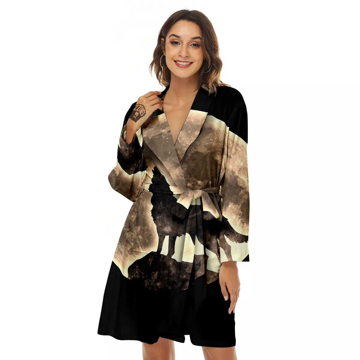 Howling Wolf Full Moon Print Women's Robe-grizzshop