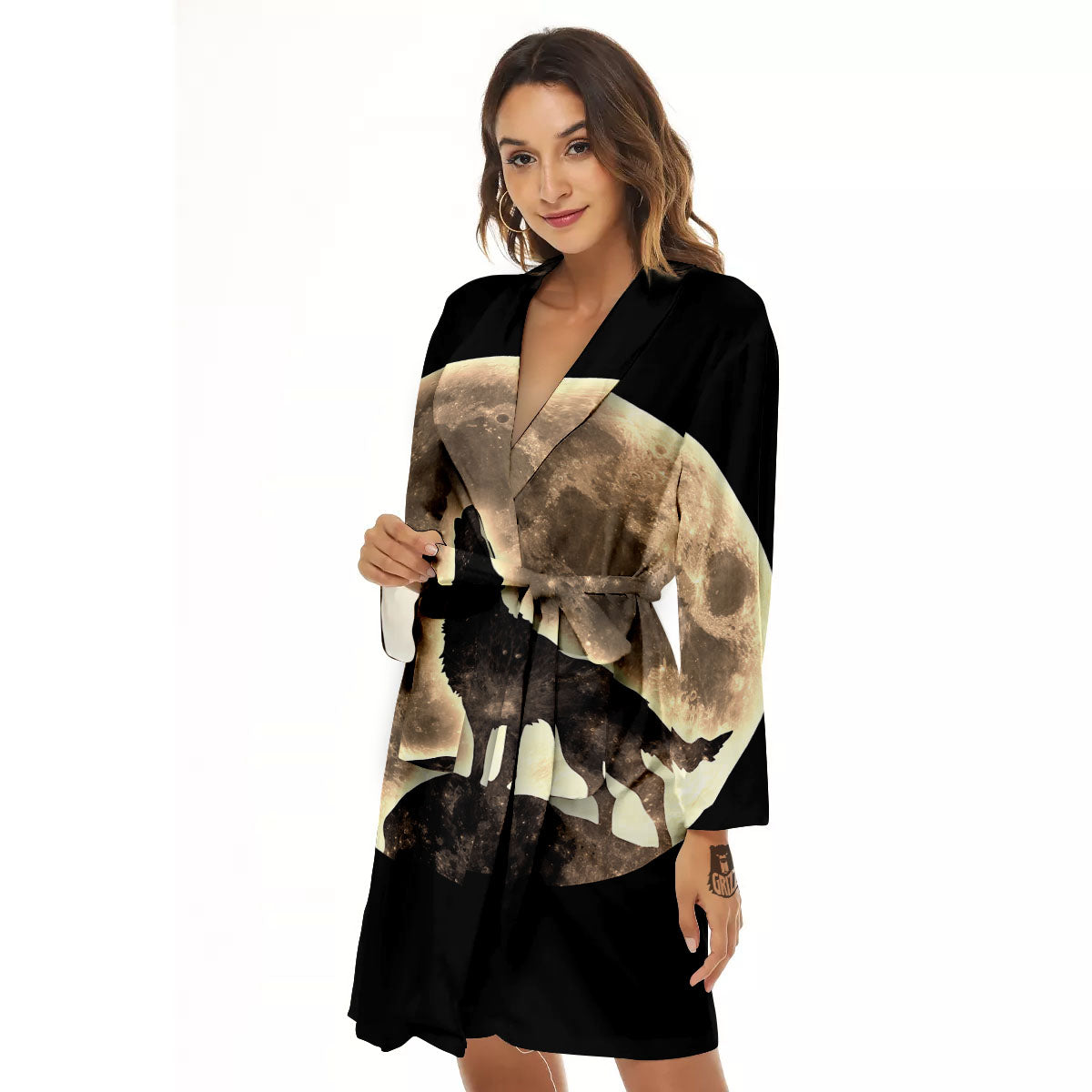Howling Wolf Full Moon Print Women's Robe-grizzshop