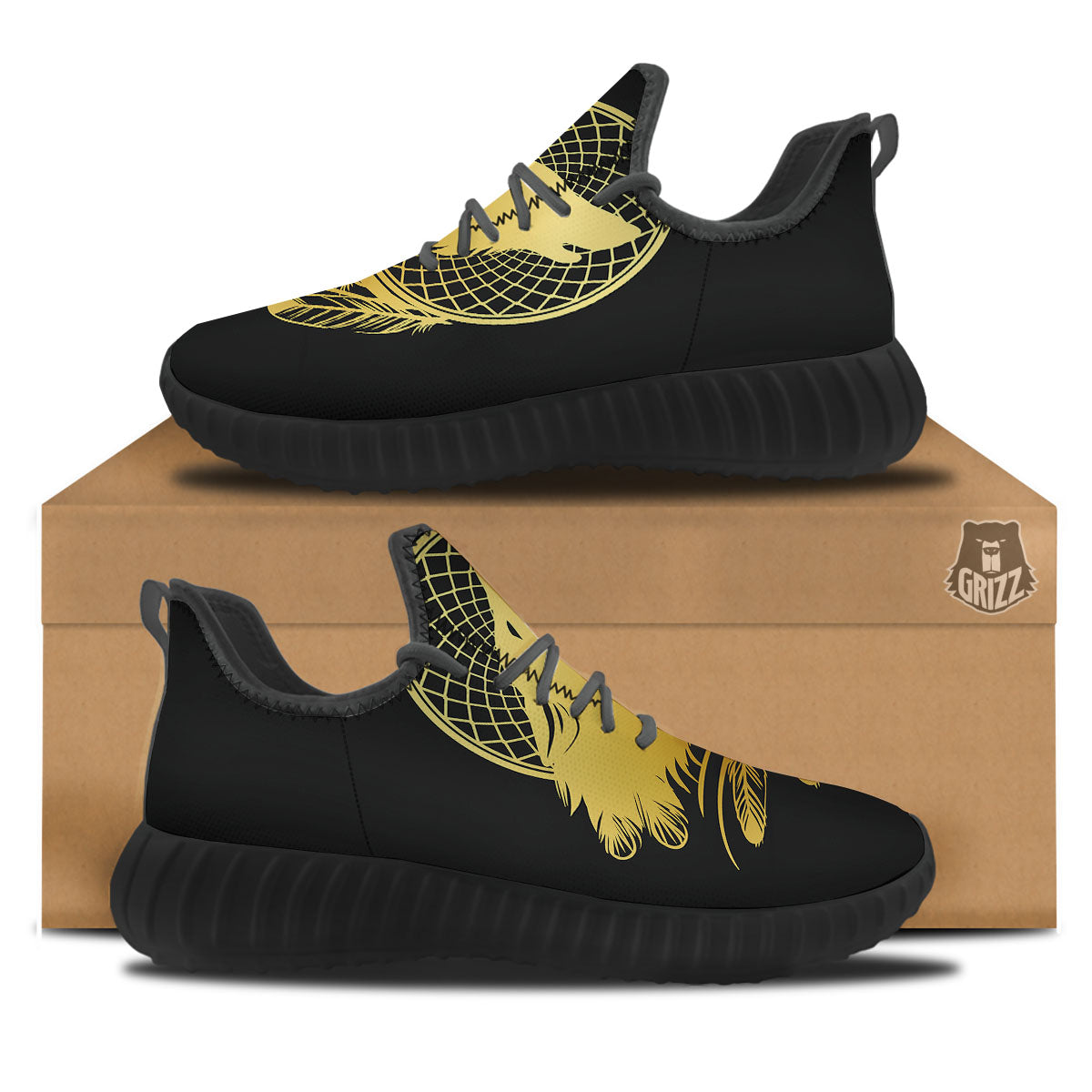 Howling Wolf Golden Bohemian Print Black Walking Shoes-grizzshop