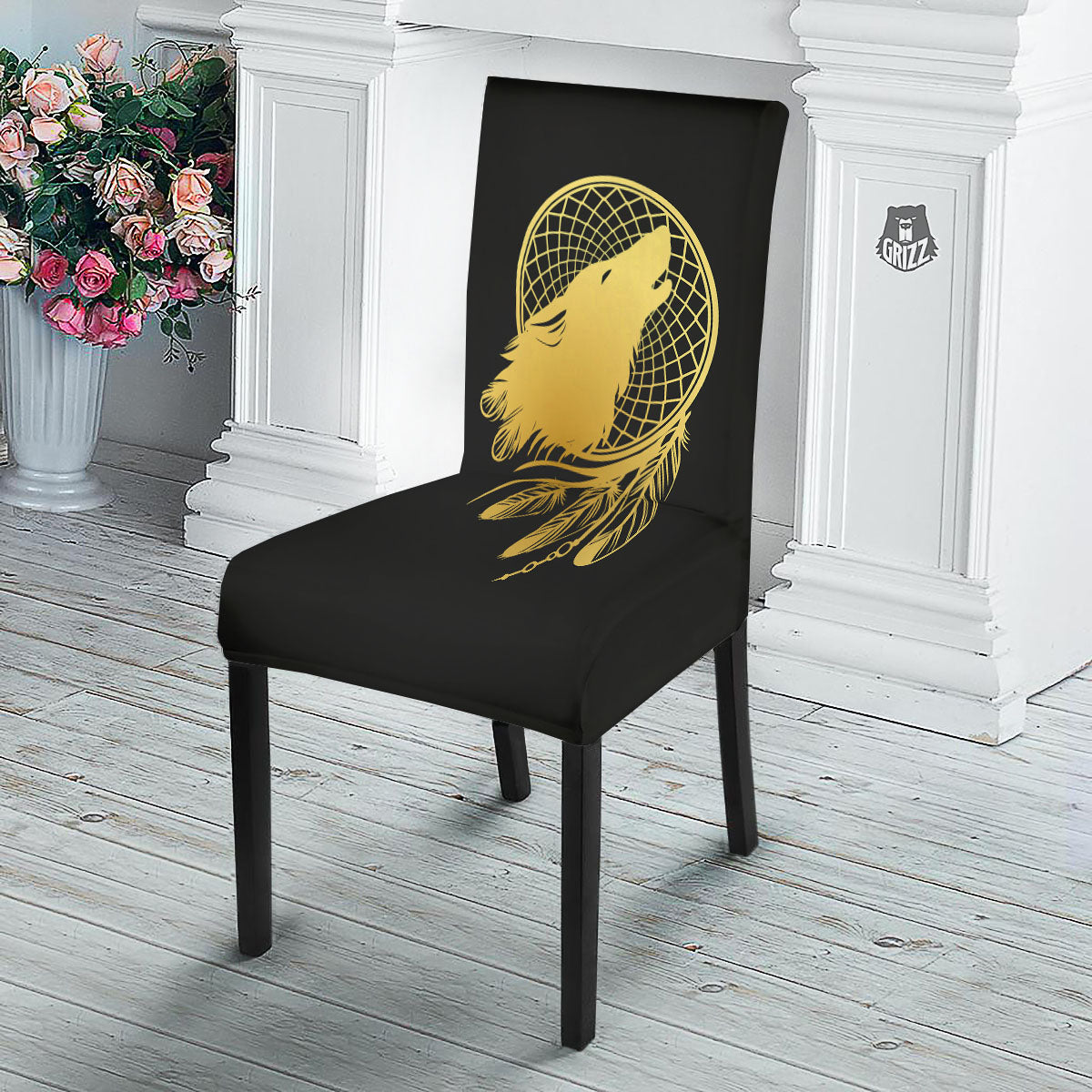 Howling Wolf Golden Bohemian Print Dining Chair Slipcover-grizzshop