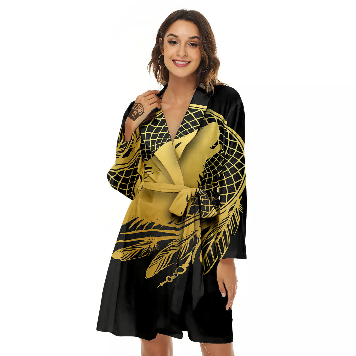 Howling Wolf Golden Bohemian Print Women's Robe-grizzshop