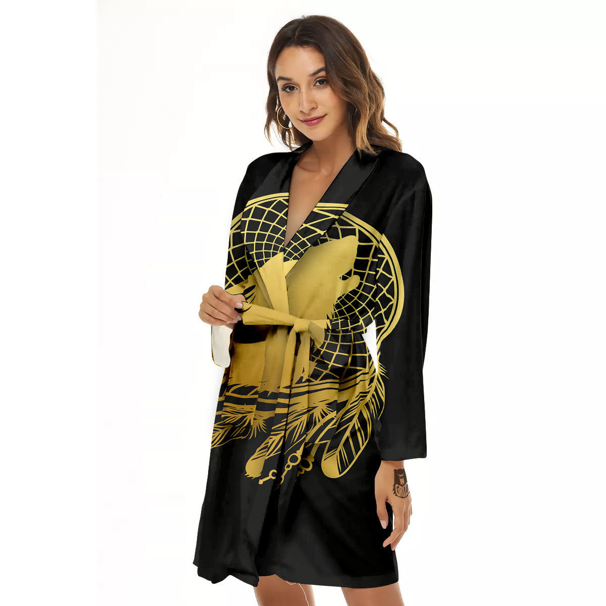 Howling Wolf Golden Bohemian Print Women's Robe-grizzshop