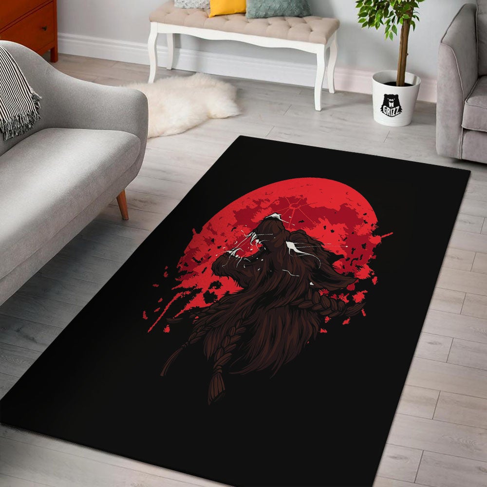 Howling Wolf Red Moon Print Floor Mat-grizzshop