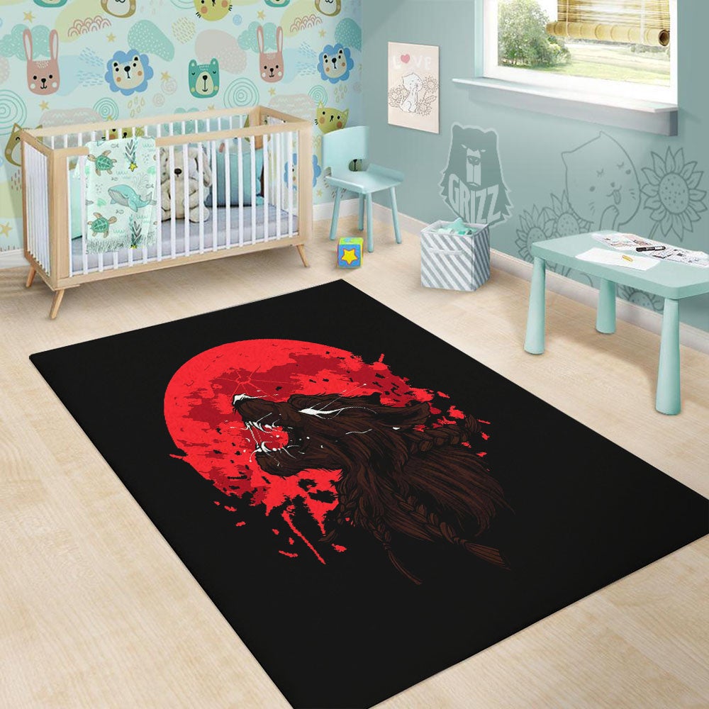 Howling Wolf Red Moon Print Floor Mat-grizzshop