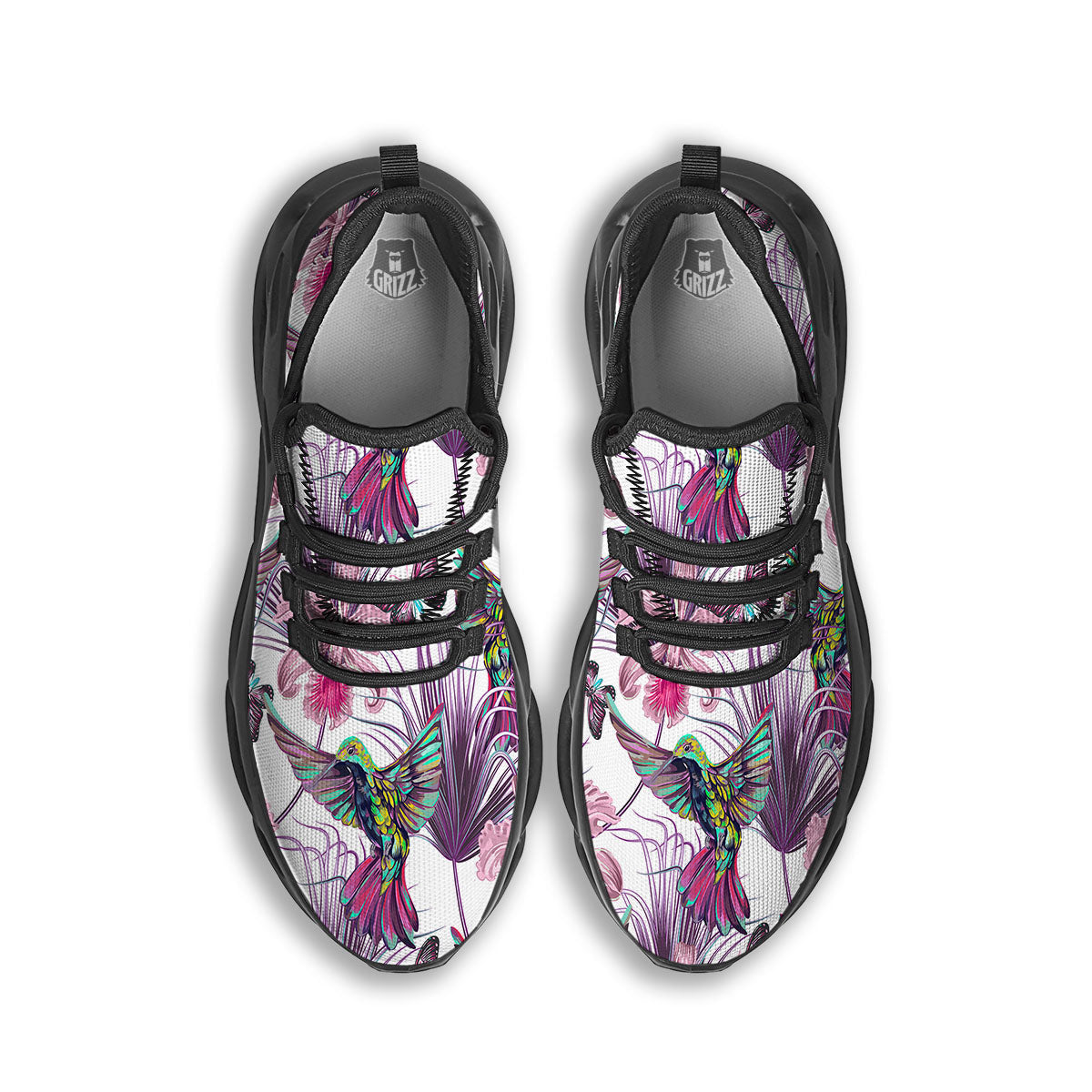 Hummingbird And Pink Flowers Print Black Running Shoes-grizzshop