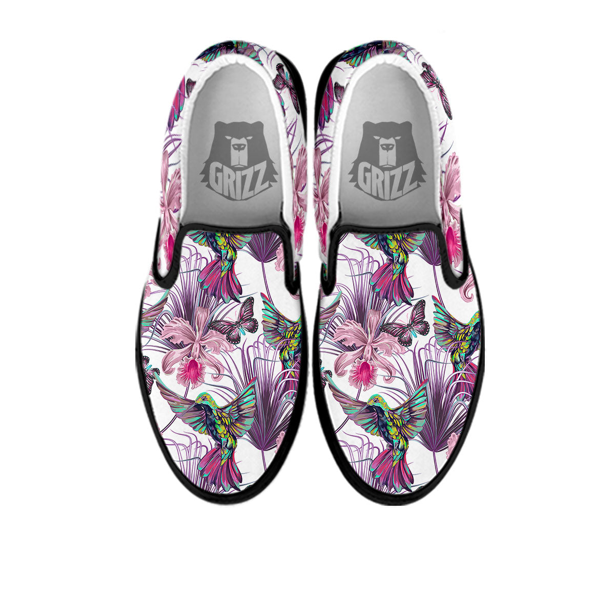 Hummingbird And Pink Flowers Print Black Slip On Shoes-grizzshop