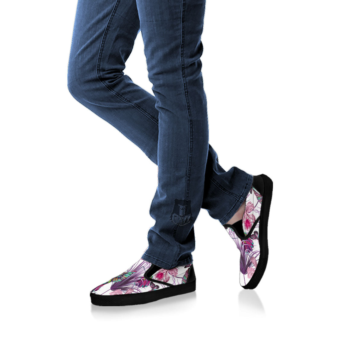 Hummingbird And Pink Flowers Print Black Slip On Shoes-grizzshop