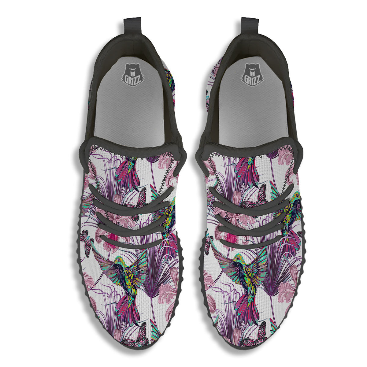 Hummingbird And Pink Flowers Print Black Walking Shoes-grizzshop