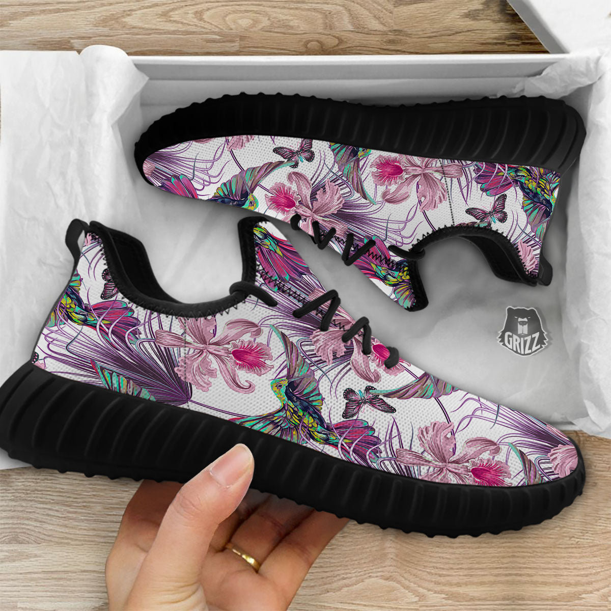 Hummingbird And Pink Flowers Print Black Walking Shoes-grizzshop