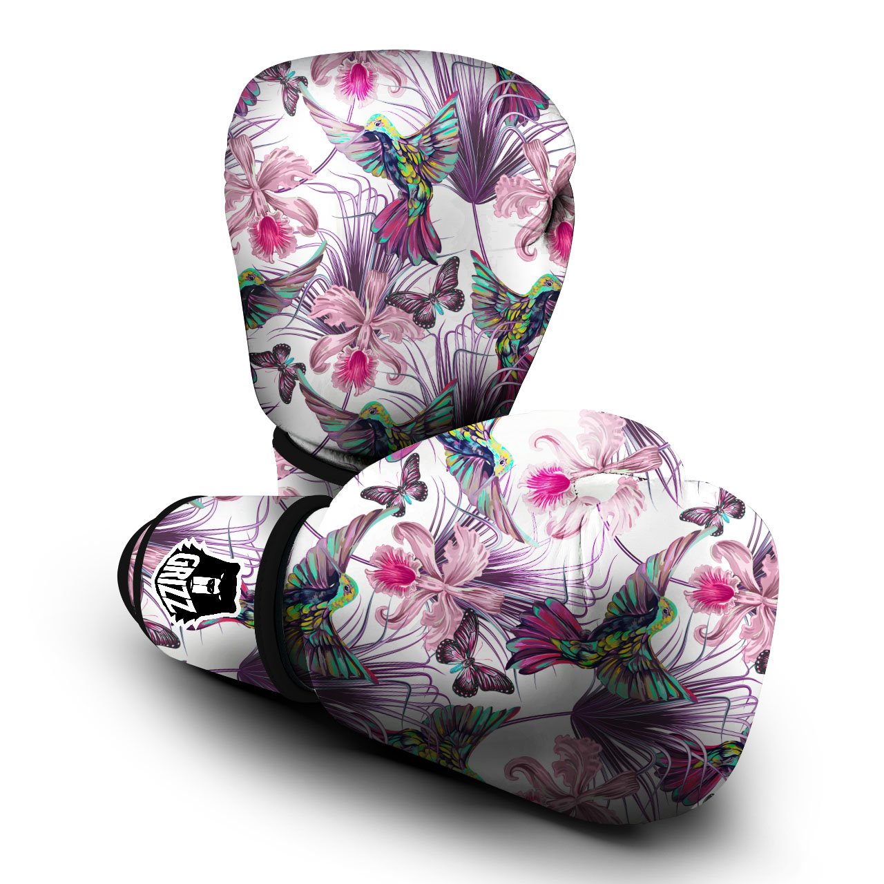Hummingbird And Pink Flowers Print Boxing Gloves-grizzshop