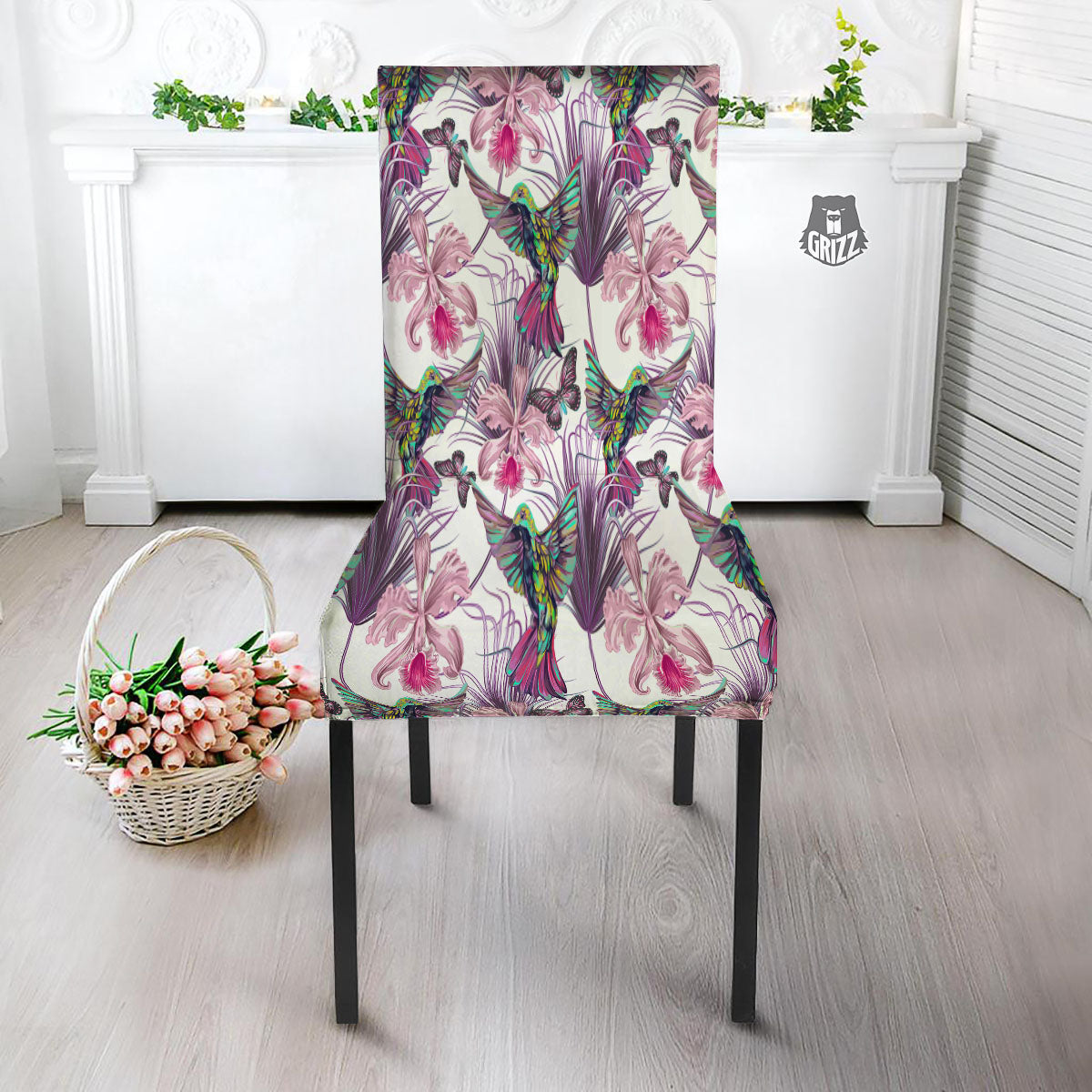 Hummingbird And Pink Flowers Print Dining Chair Slipcover-grizzshop