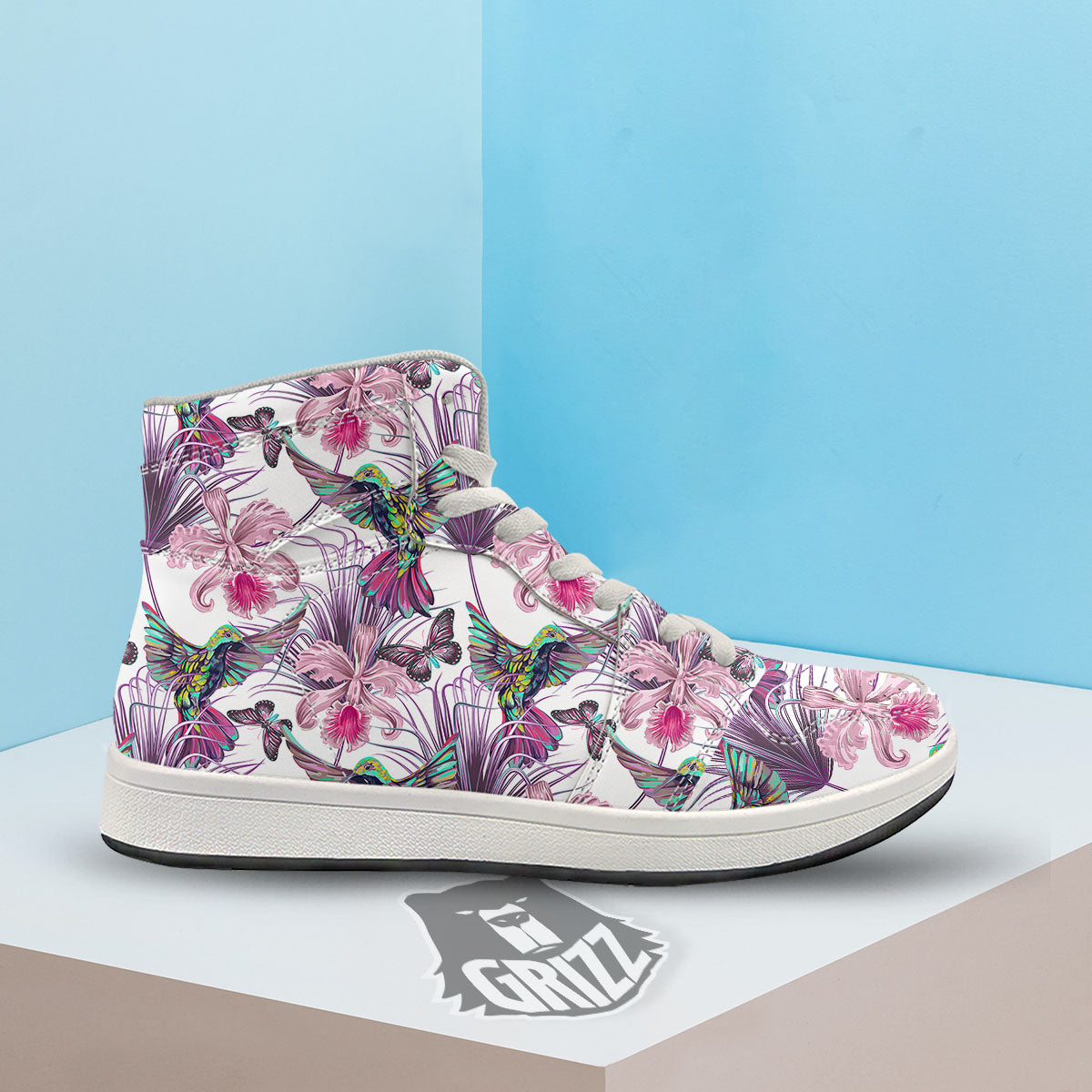 Hummingbird And Pink Flowers Print High Top Sneakers-grizzshop