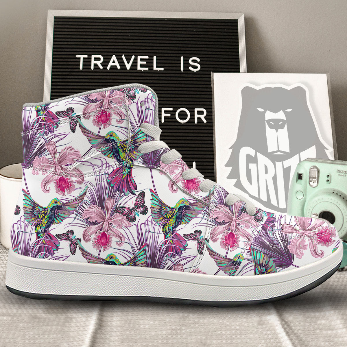 Hummingbird And Pink Flowers Print High Top Sneakers-grizzshop