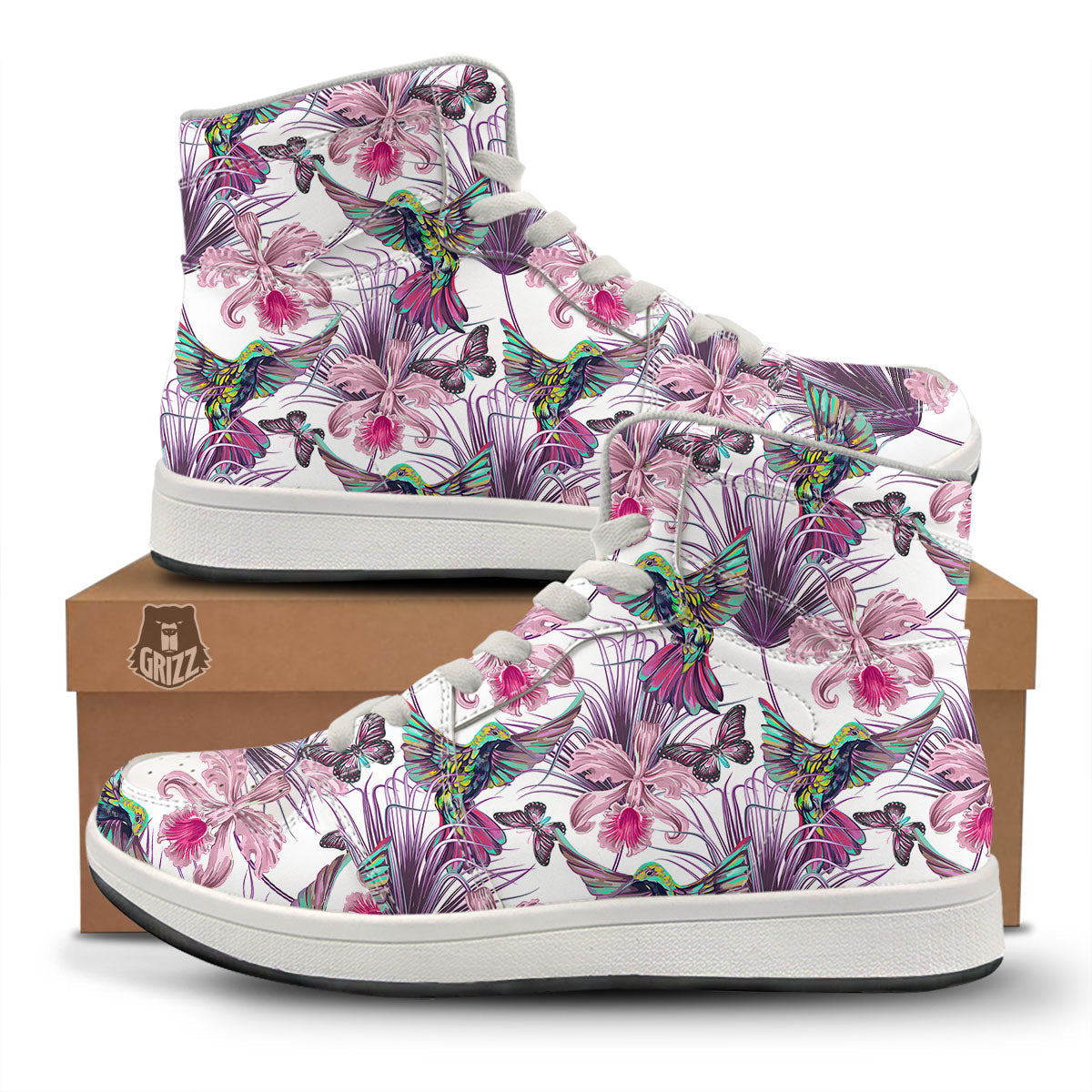 Hummingbird And Pink Flowers Print High Top Sneakers-grizzshop