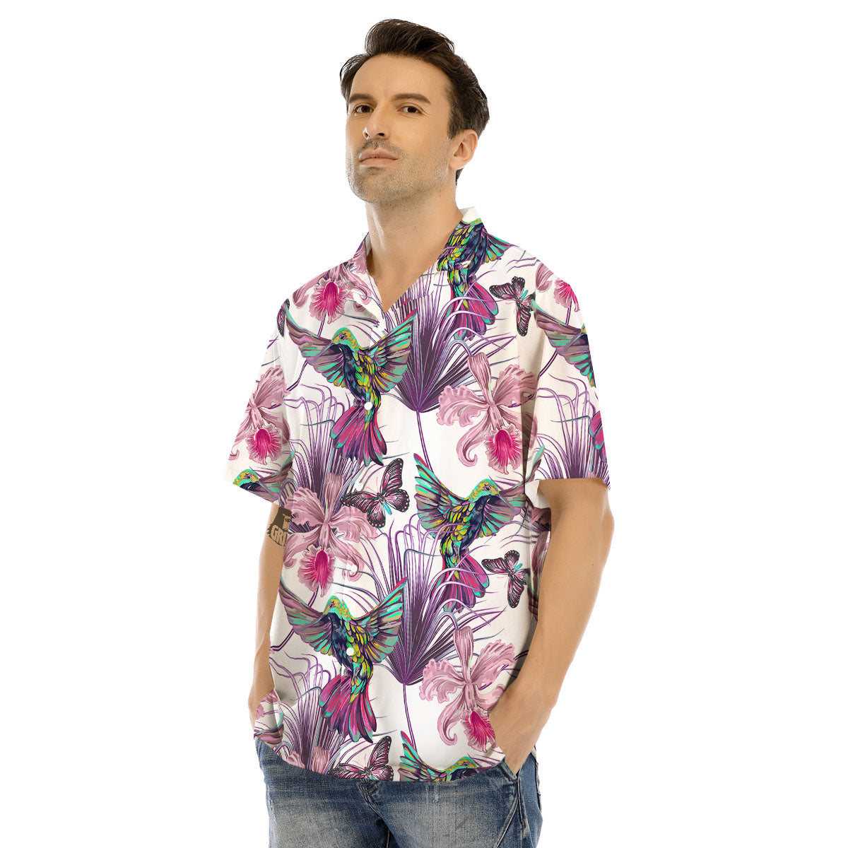 Hummingbird And Pink Flowers Print Men's Hawaiian Shirt-grizzshop