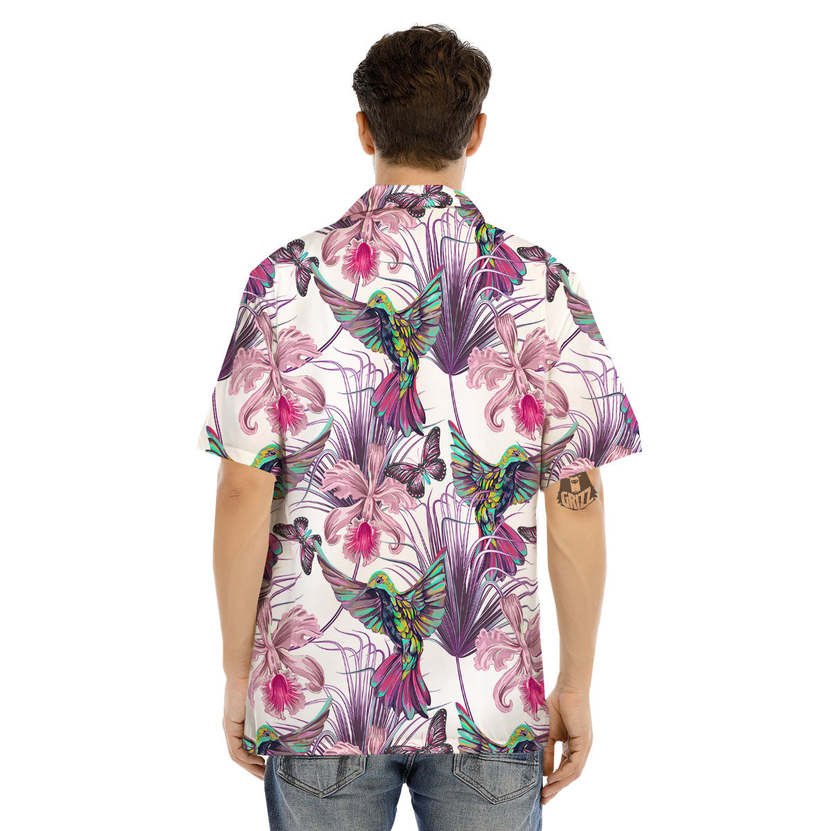 Hummingbird And Pink Flowers Print Men's Hawaiian Shirt-grizzshop