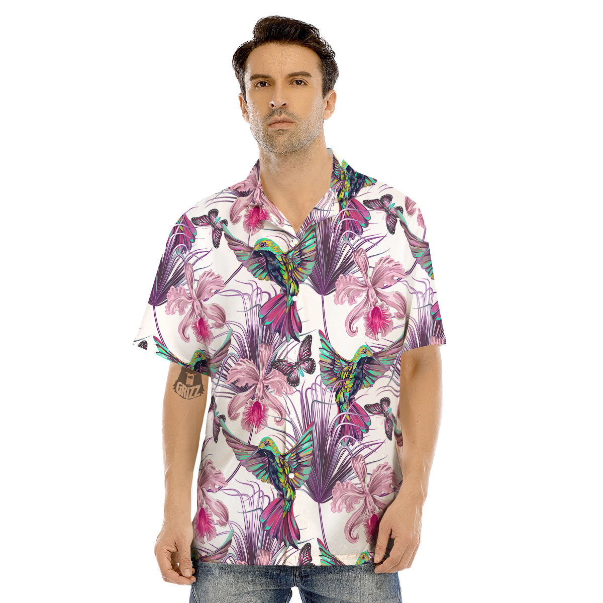 Hummingbird And Pink Flowers Print Men's Hawaiian Shirt-grizzshop