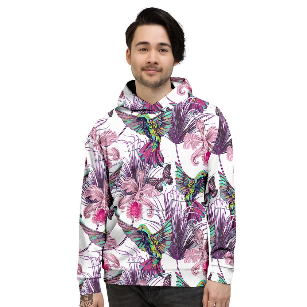 Hummingbird And Pink Flowers Print Men's Hoodie-grizzshop