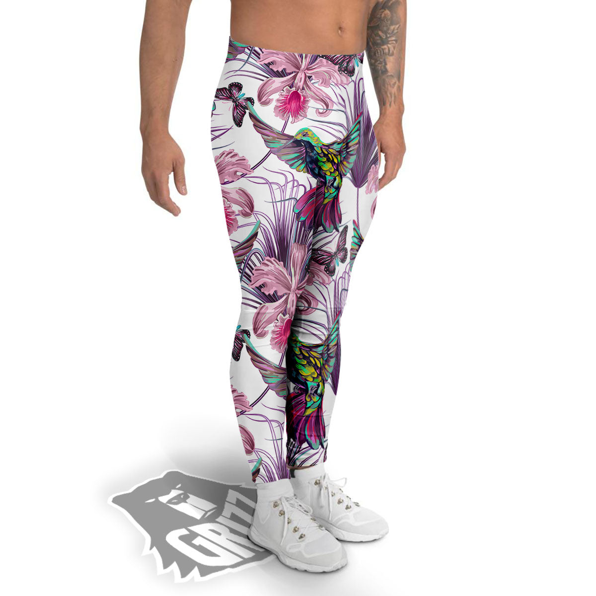 Hummingbird And Pink Flowers Print Men's Leggings-grizzshop