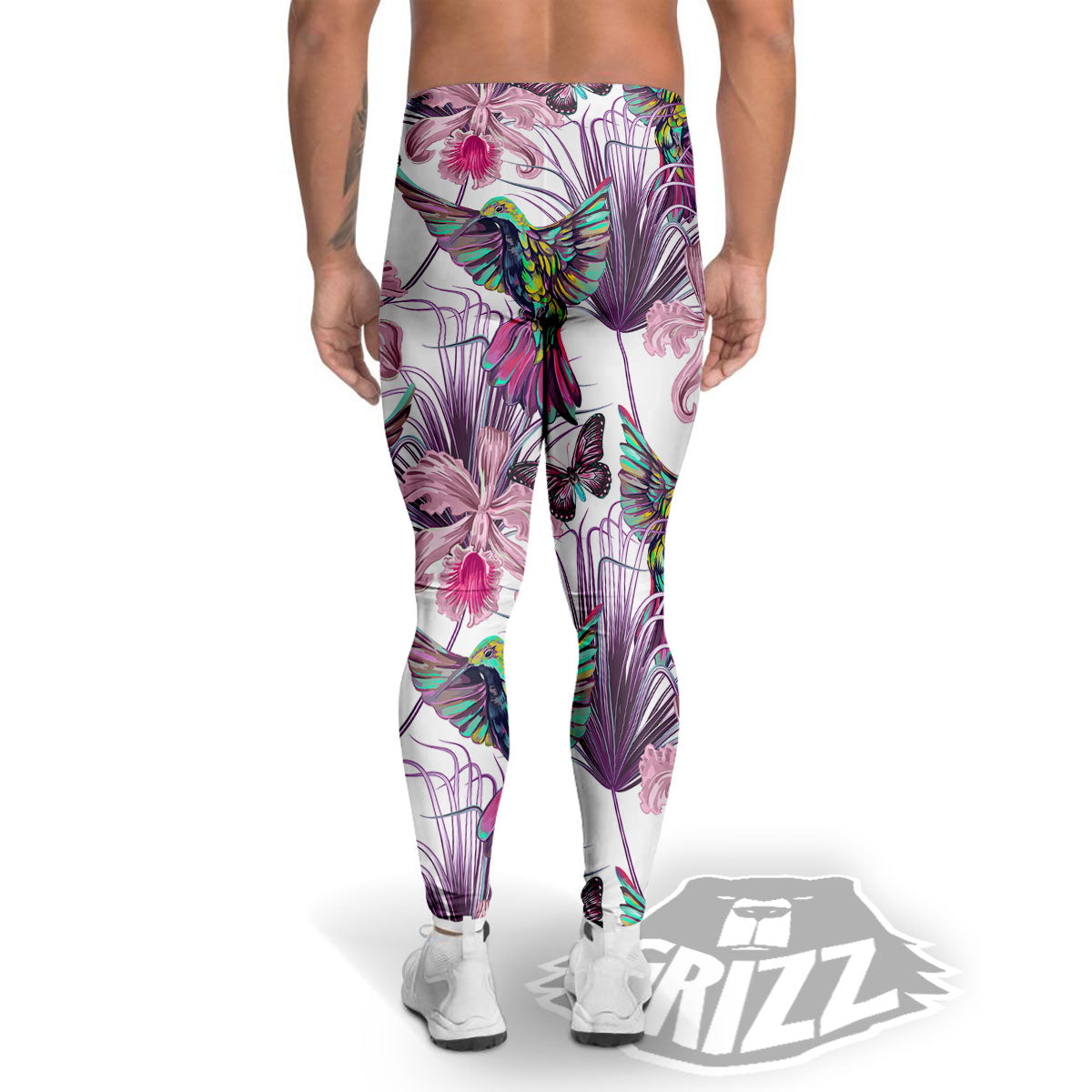 Hummingbird And Pink Flowers Print Men's Leggings-grizzshop