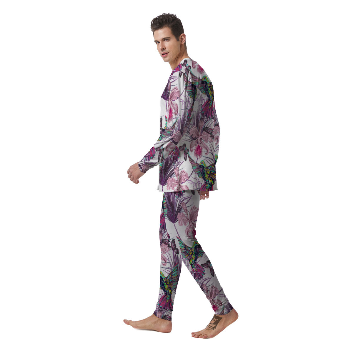 Hummingbird And Pink Flowers Print Men's Pajamas-grizzshop