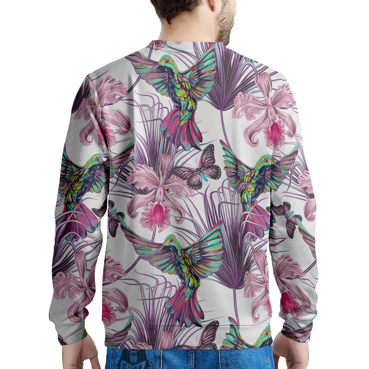 Hummingbird And Pink Flowers Print Men's Sweatshirt-grizzshop