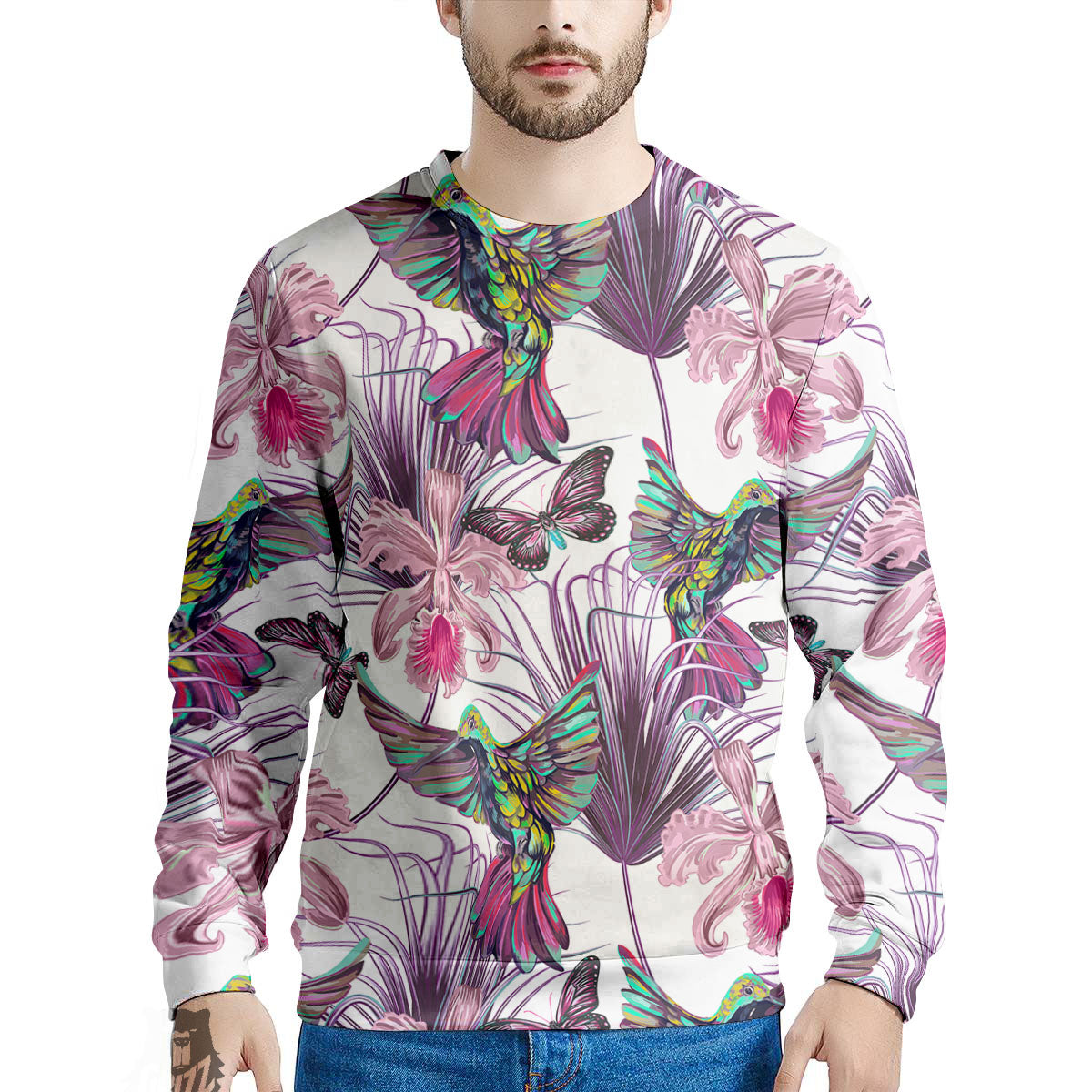 Hummingbird And Pink Flowers Print Men's Sweatshirt-grizzshop