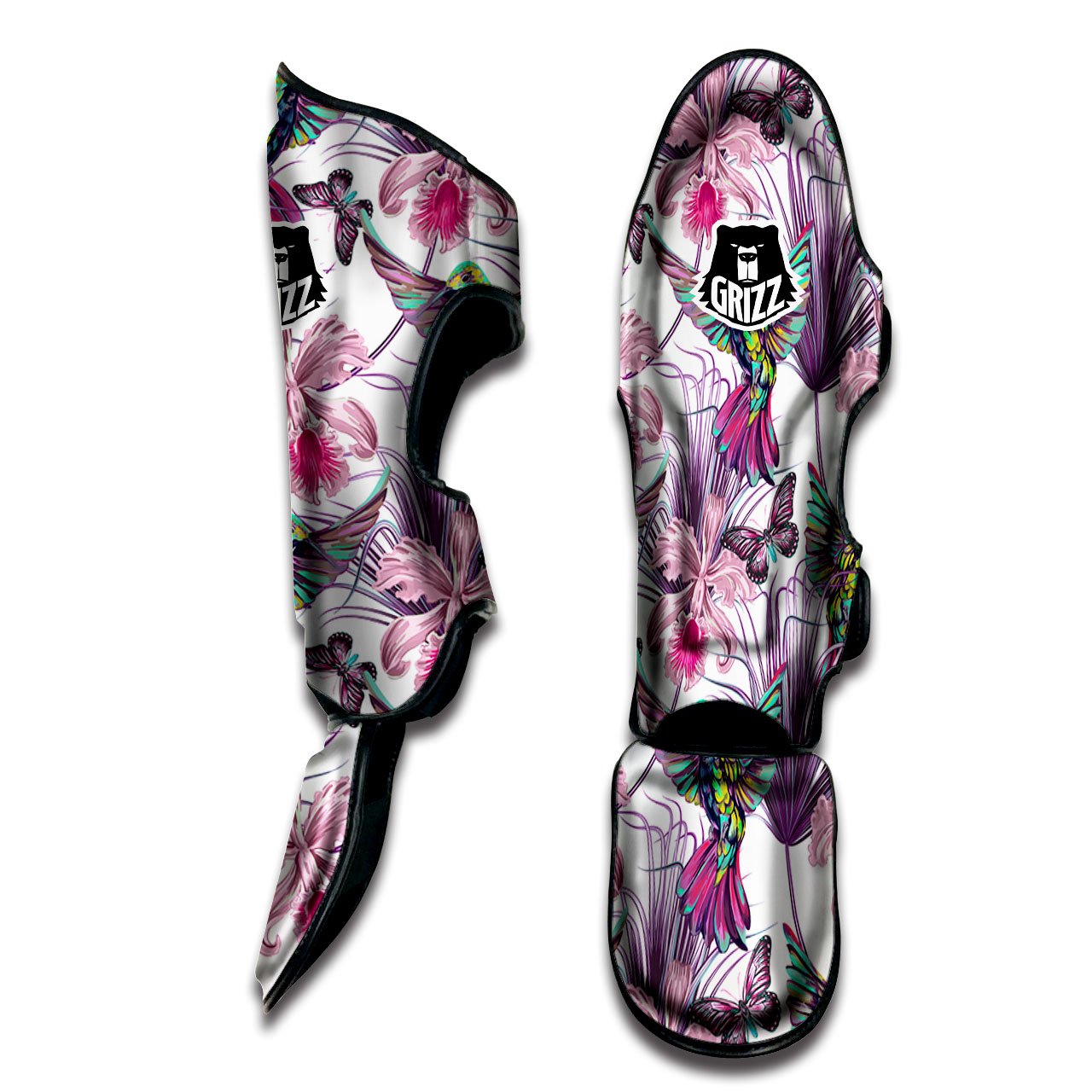 Hummingbird And Pink Flowers Print Muay Thai Shin Guards-grizzshop