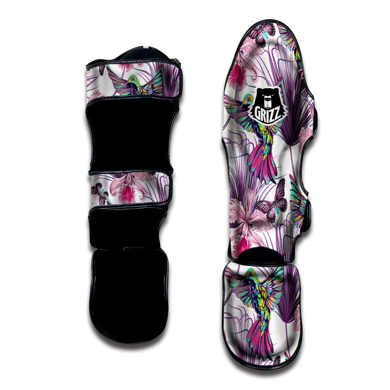 Hummingbird And Pink Flowers Print Muay Thai Shin Guards-grizzshop