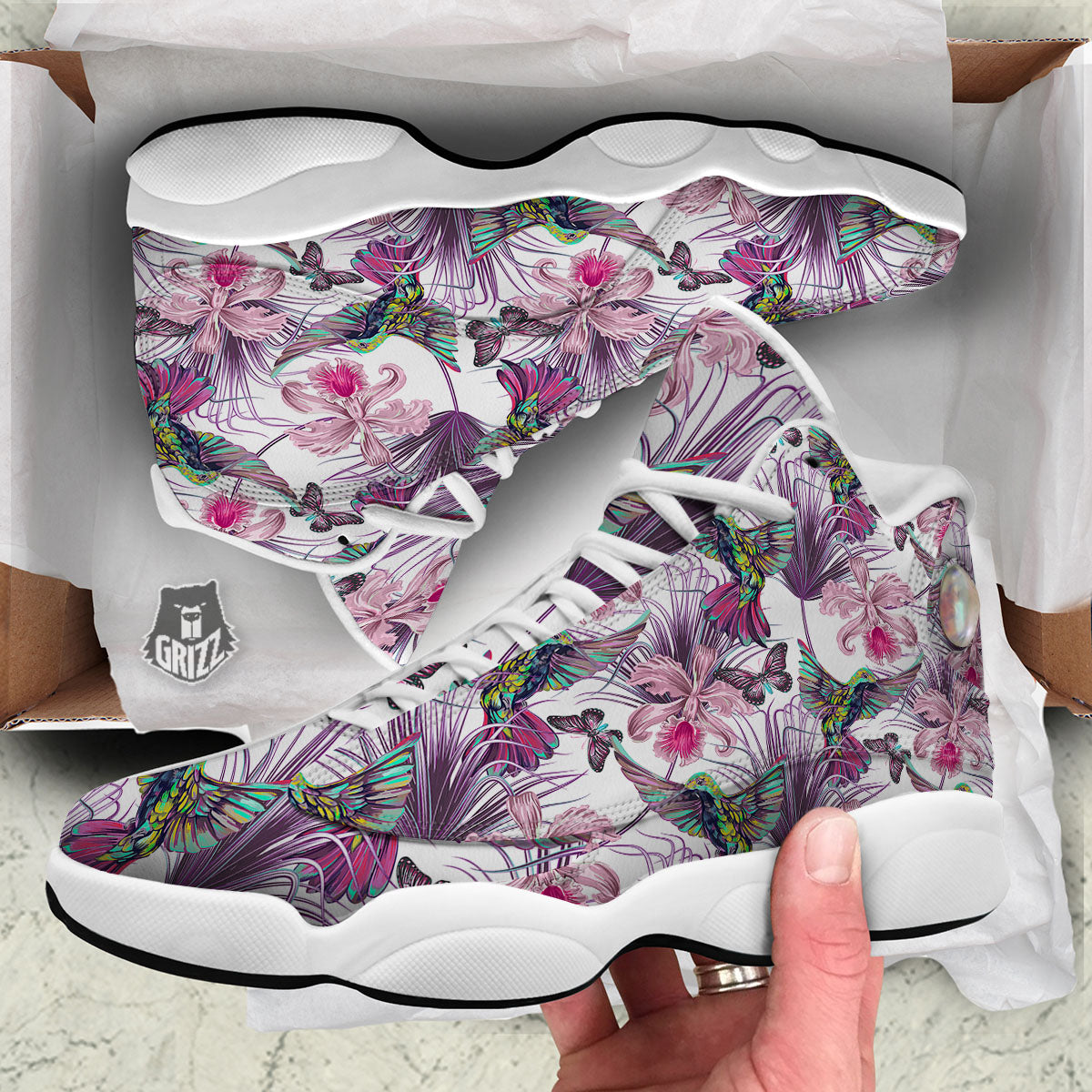 Hummingbird And Pink Flowers Print White Basketball Shoes-grizzshop