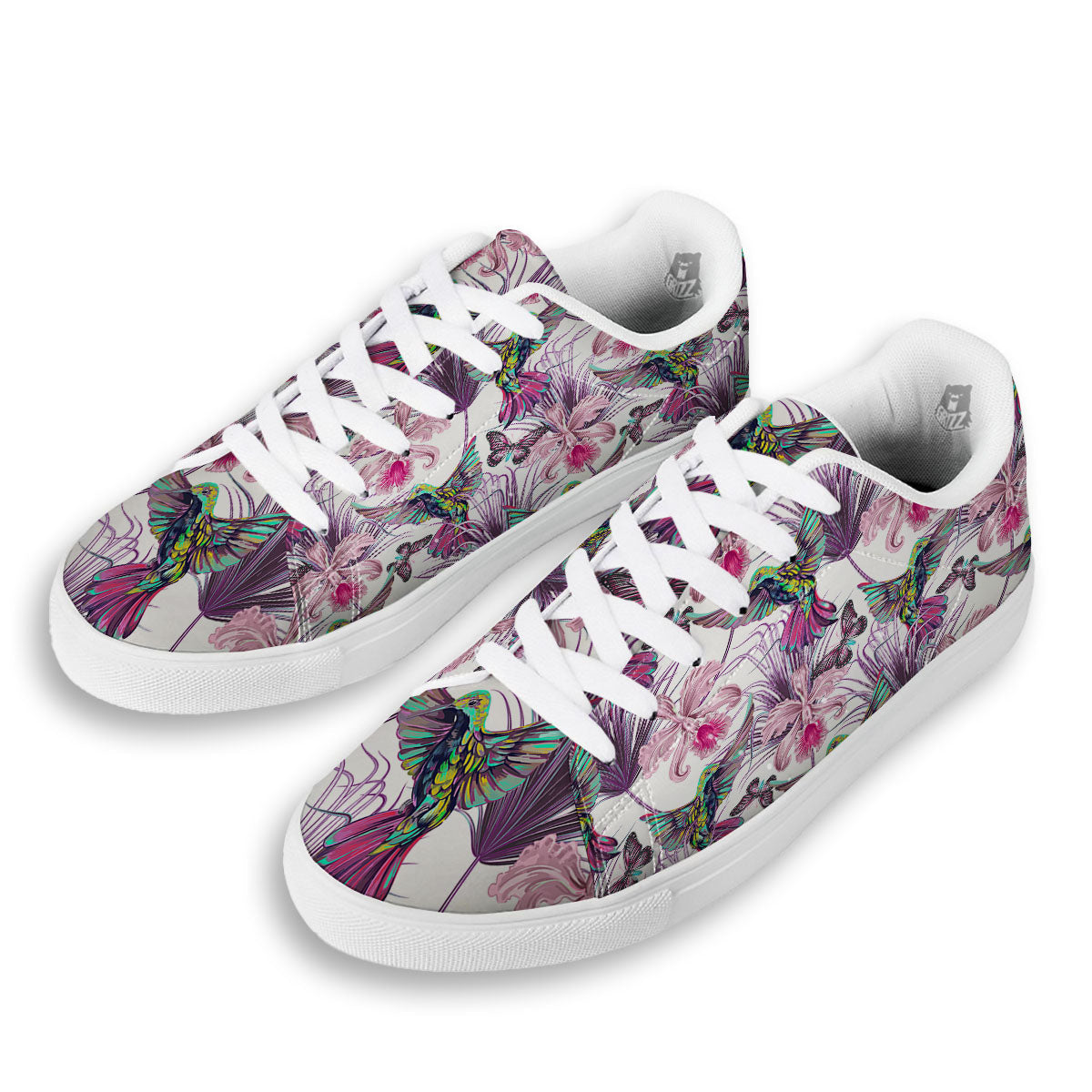 Hummingbird And Pink Flowers Print White Low Top Sneakers-grizzshop