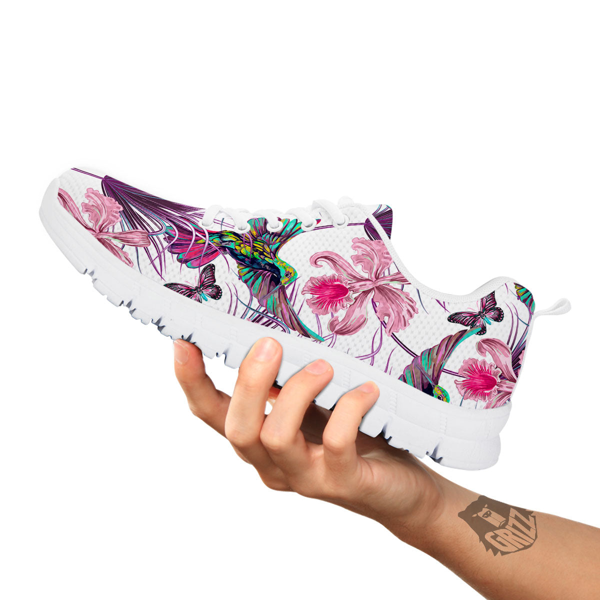 Hummingbird And Pink Flowers Print White Sneaker-grizzshop
