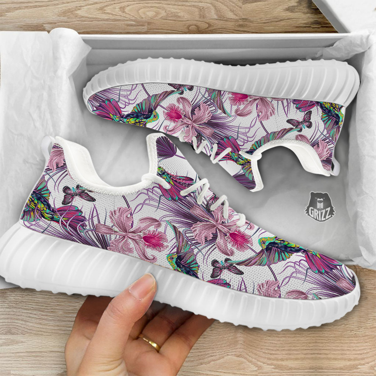 Hummingbird And Pink Flowers Print White Walking Shoes-grizzshop
