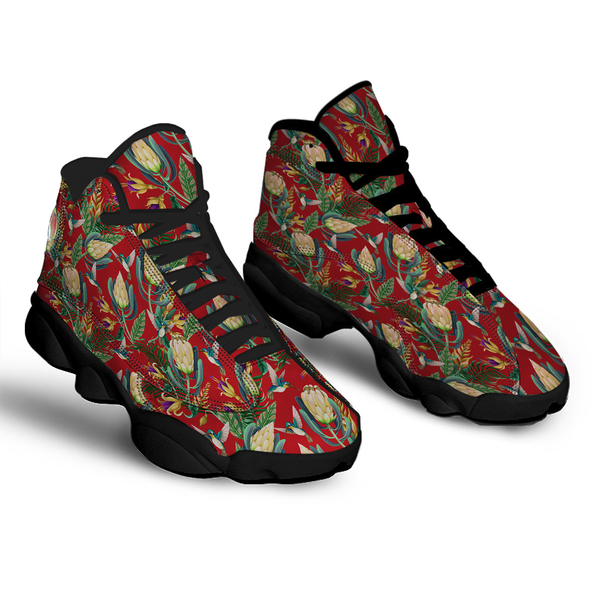 Hummingbird And Wild Flowers Print Pattern Black Basketball Shoes-grizzshop