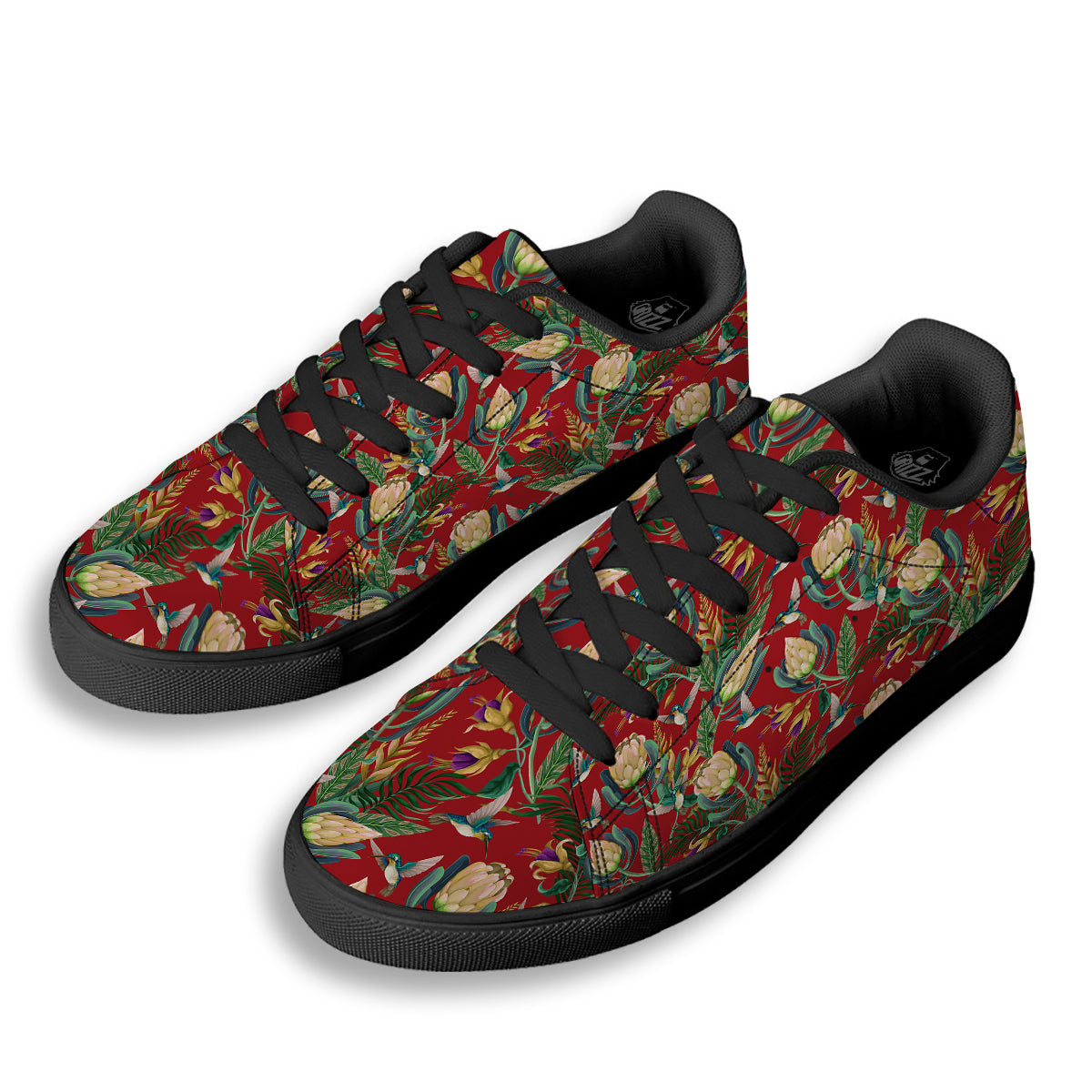 Hummingbird And Wild Flowers Print Pattern Black Low Top Sneakers-grizzshop