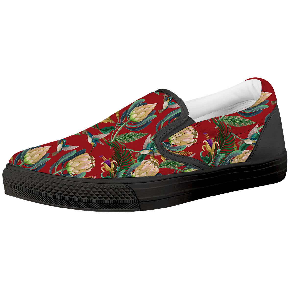 Hummingbird And Wild Flowers Print Pattern Black Slip On Shoes-grizzshop
